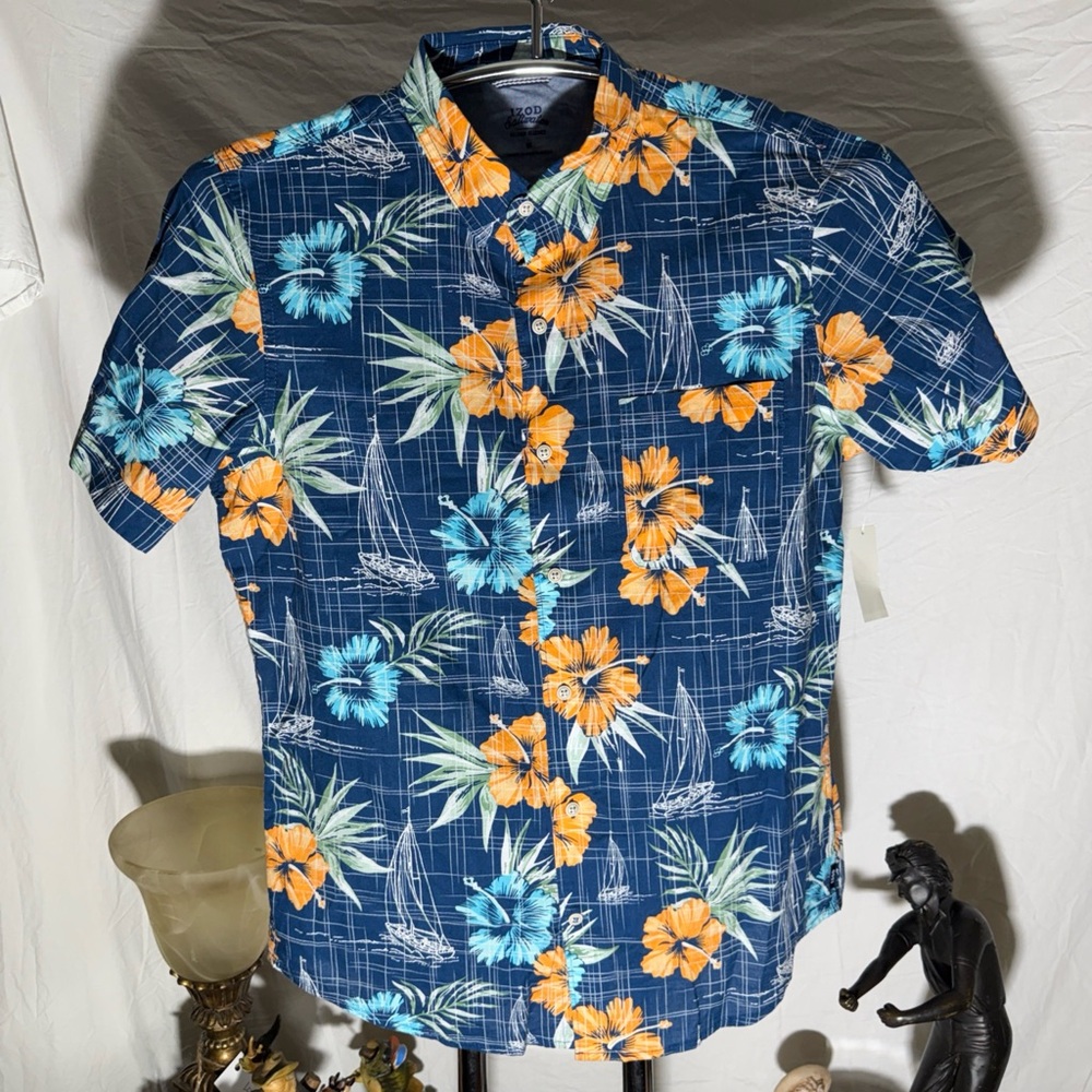 Izod Navy Floral Short-Sleeve Button-Down with Orange & Aqua Blooms